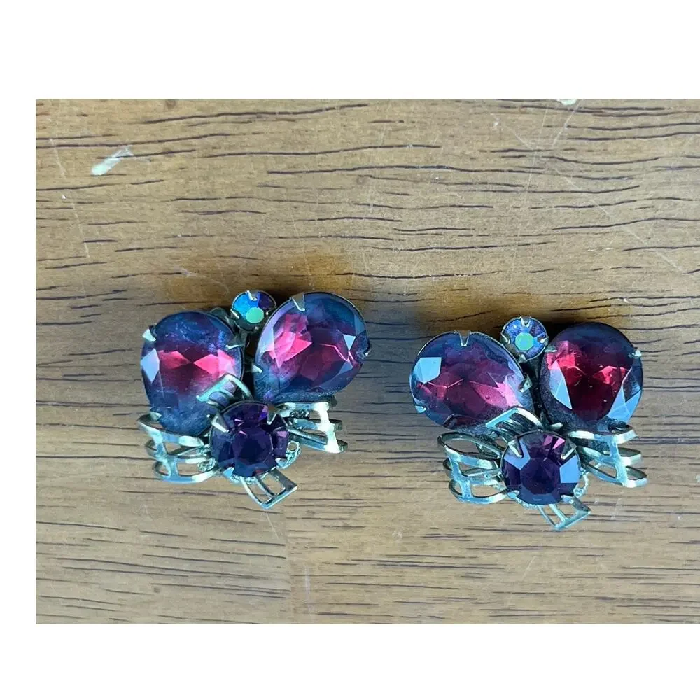 VTG Amethyst Toned & Auora Borealis Rhinestone Clip One Earrings MCM